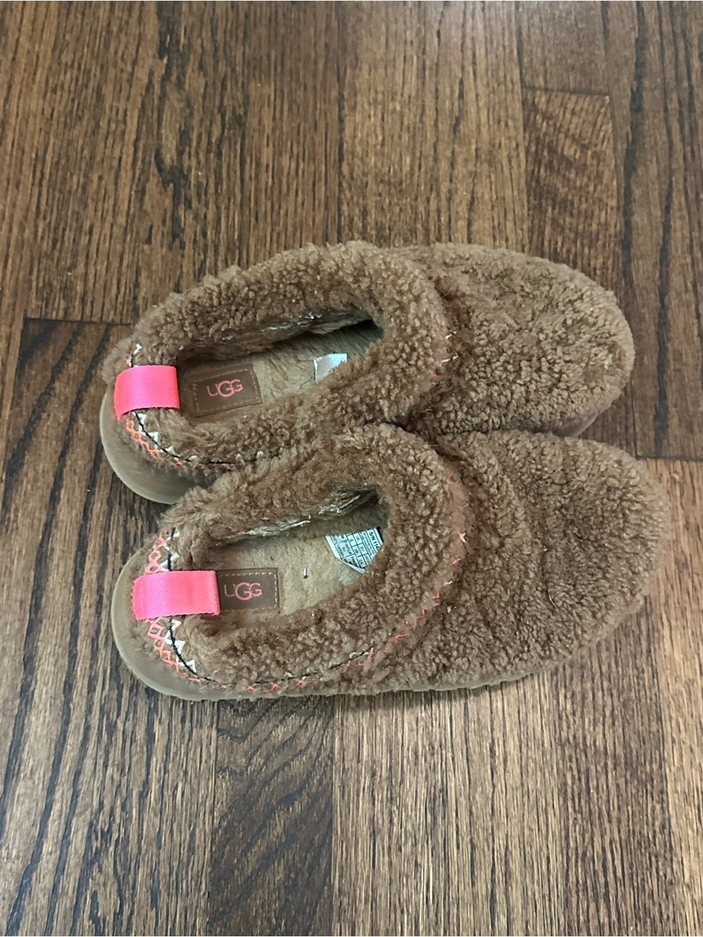 UGG Brown Fuzzy Slip-On Mules with Pink Pull Tab